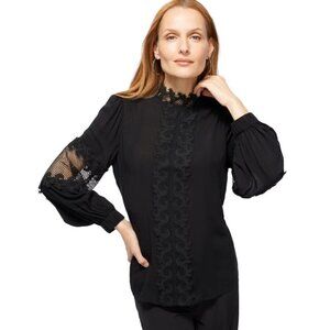 Chico's Black Label Lace Trim Top, Size 10, Black, NWOT